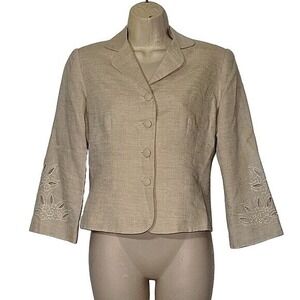 MAGGIE LONDON Beige Linen Embroidere Floral Sleeve Blazer Jacket Neutral Capsule